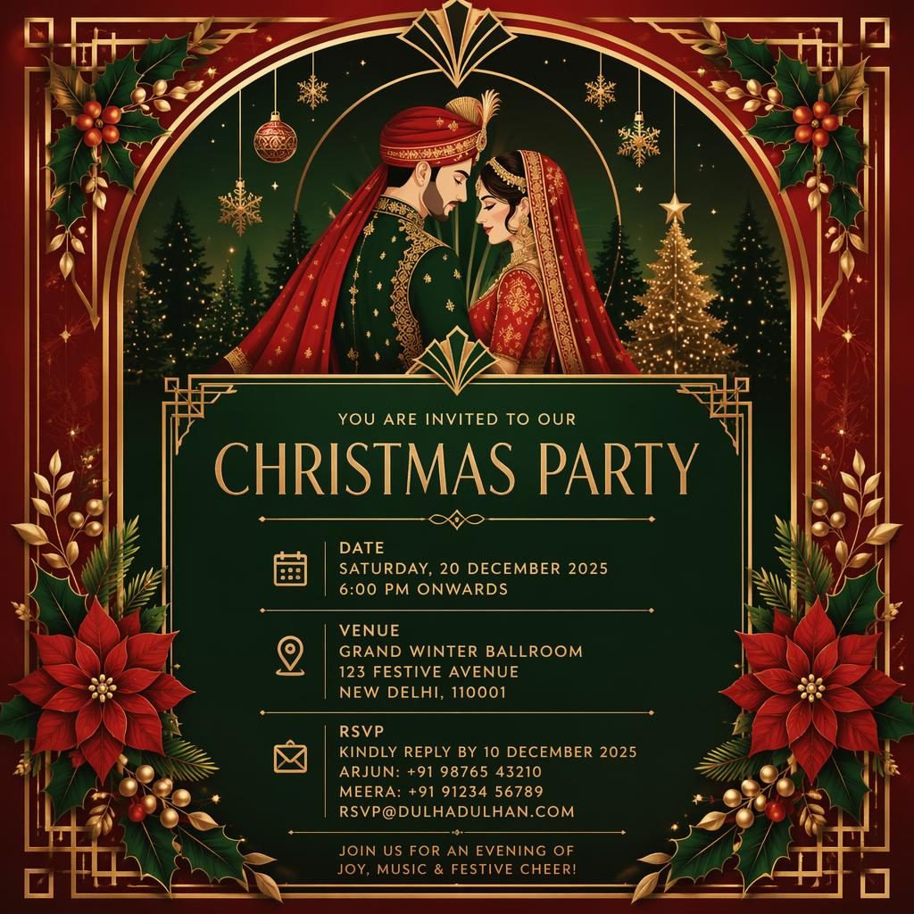 Art deco A5 portrait Christmas party invitation card in red and green with elegant placeholder event details and framed layout.