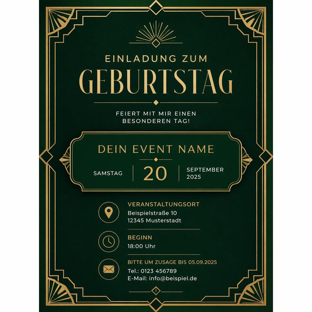 Moderne A5-Einladungskarte im Hochformat in Smaragd und Gold mit eleganter Typografie für Name, Datum, Ort und RSVP