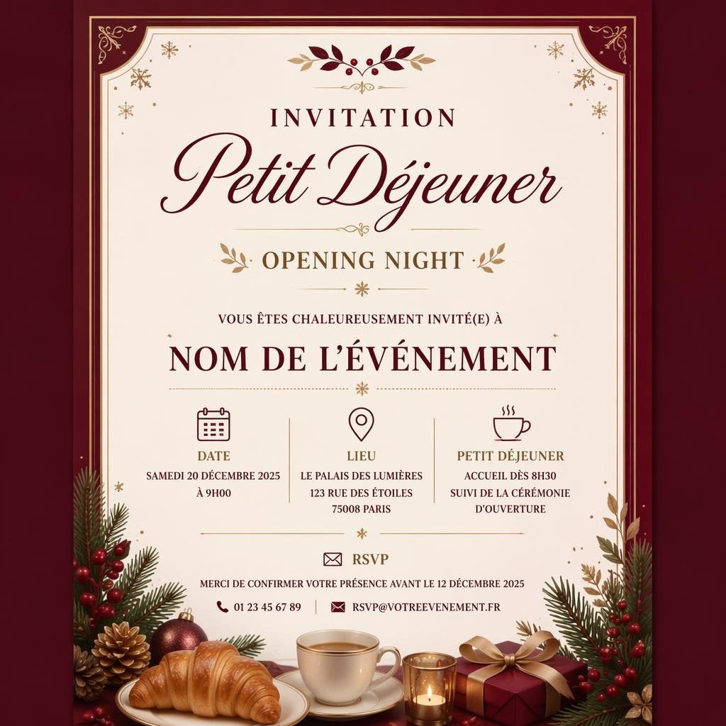 Carte d’invitation A5 en portrait, style festif bordeaux et crème, avec typographie élégante pour nom, date, lieu et RSVP.