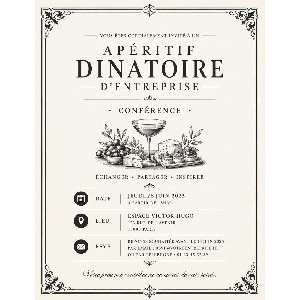 Carte d’invitation A5 portrait vintage monochrome, typographie élégante avec nom, date, lieu et RSVP lisibles.