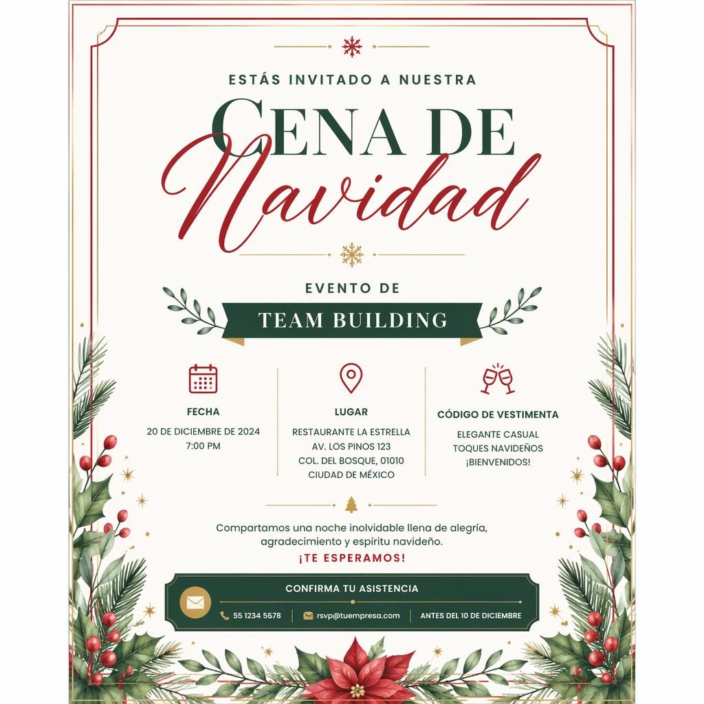 Tarjeta de invitación A5 vertical para cena de Navidad, diseño minimalista rojo y verde con tipografía elegante y datos RSVP.
