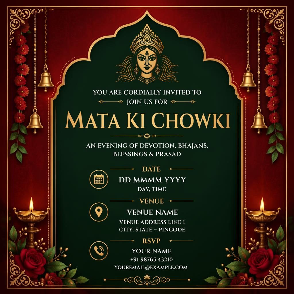 A5 portrait event invitation card in red and green with elegant formal typography for event name, date, venue, and RSVP.