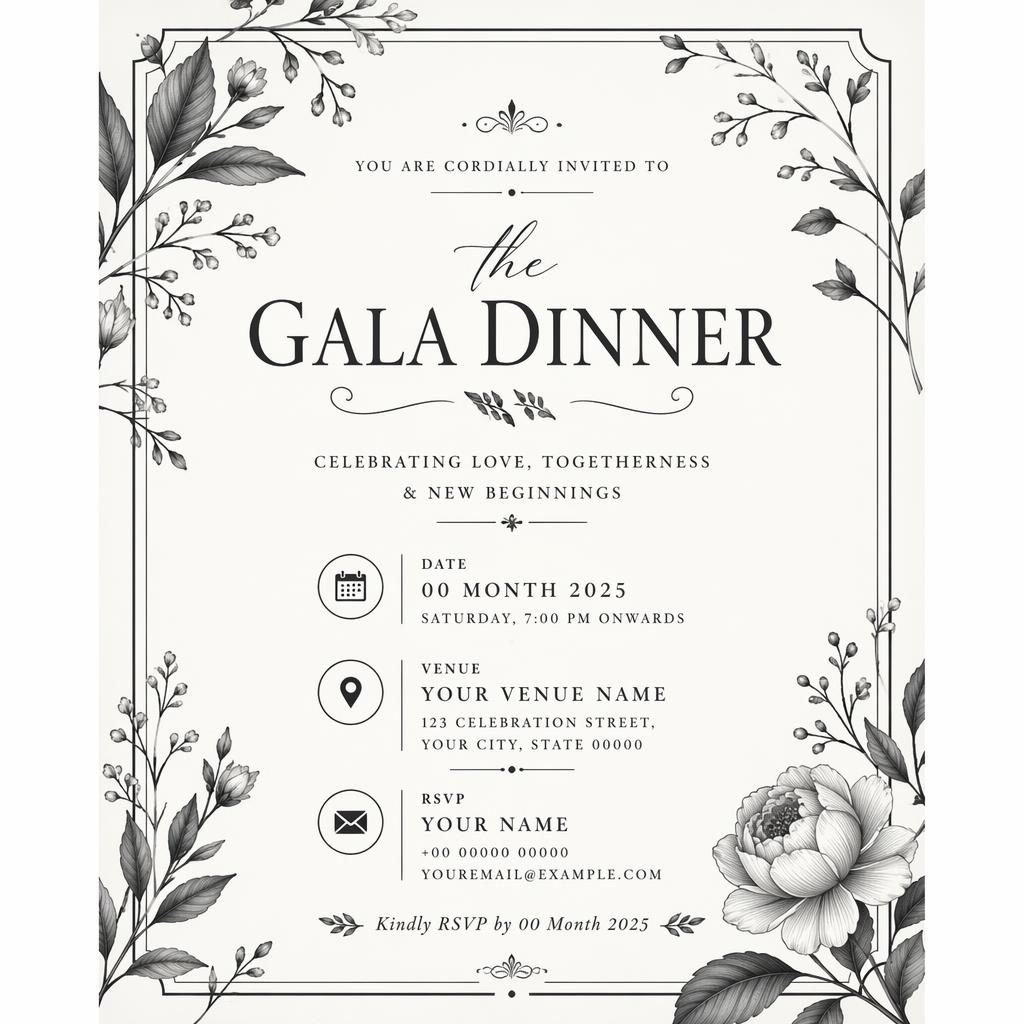 A5 portrait gala dinner invitation card with botanical illustration, monochrome palette, elegant typography, and RSVP details.