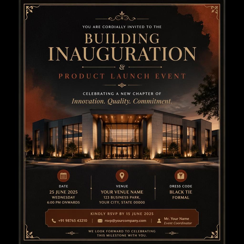 A5 portrait building inauguration invitation card with elegant typography, rust and earth tones, formal framing, date, venue, and RSVP.