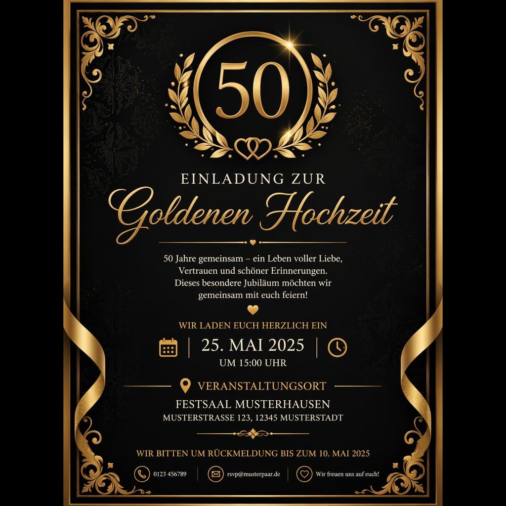 Elegante A5-Einladungskarte in Schwarz und Gold mit edler Typografie für Eventname, Datum, Venue und RSVP.