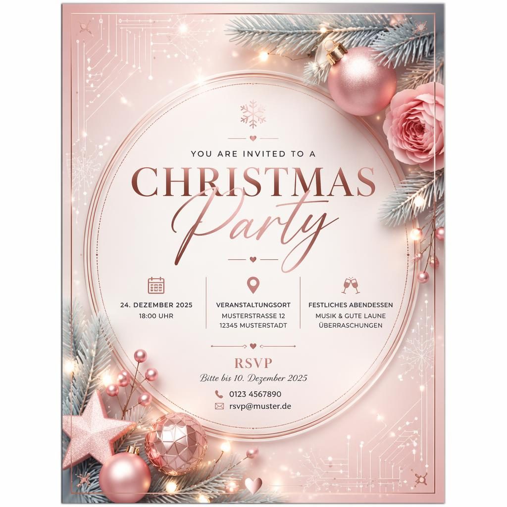 A5 Event-Einladungskarte im Hochformat für Weihnachtsfeier, tech-sleek mit pastellromantischem Rahmen und eleganter Typografie