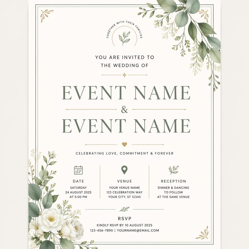 A5 portrait wedding invitation card in a modern minimal sage and ivory design with elegant typography and tasteful framing.