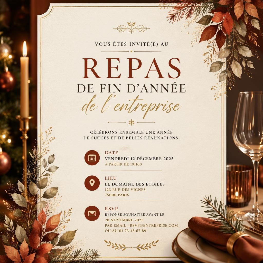 Carte d’invitation A5 portrait luxueuse, palette terre et rouille, typographie élégante avec date, lieu et RSVP lisibles.