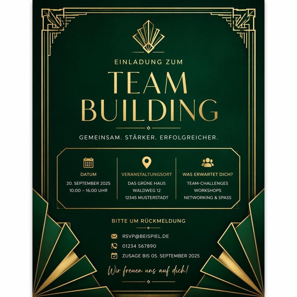 Moderne A5-Einladung im Art-Déco-Stil in Smaragd und Gold mit eleganter Typografie für Eventname, Datum, Ort und RSVP.