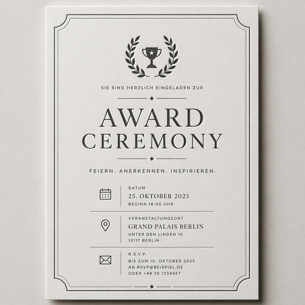 A5 Einladungskarte im Hochformat mit eleganter Typografie, monochromem Minimaldesign und Platzhaltern für Datum, Ort und RSVP.