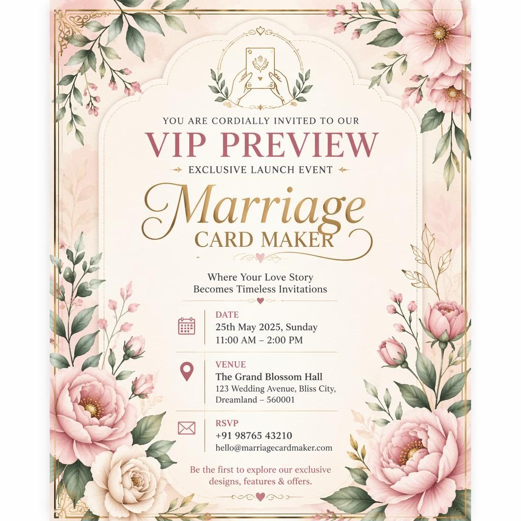 A5 portrait event invitation card with botanical illustrations, pastel romantic colors, and elegant readable placeholder details.