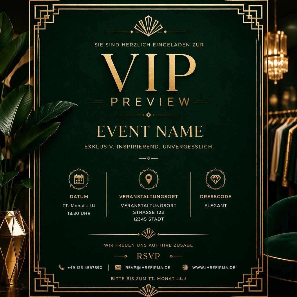 A5-Einladungskarte im Hochformat in Smaragd und Gold mit eleganter Typografie, Art-Déco-Rahmen und RSVP-Platzhaltern