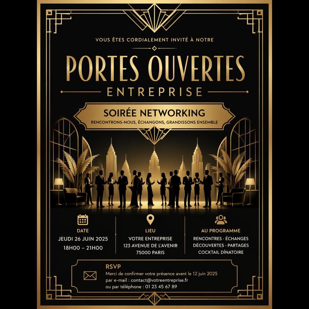 Carte d’invitation A5 verticale art déco noir et or, typographie élégante avec nom, date, lieu et RSVP lisibles.