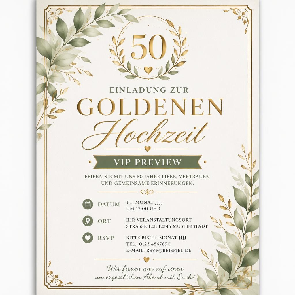 A5-Einladungskarte im Hochformat in Salbei und Elfenbein mit eleganter Typografie, goldenen Akzenten und RSVP-Platzhalter.