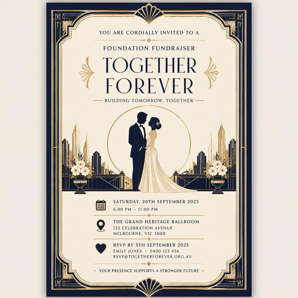 Art deco A5 portrait invitation card in cream and navy with elegant typography, framed layout, and readable placeholder details.