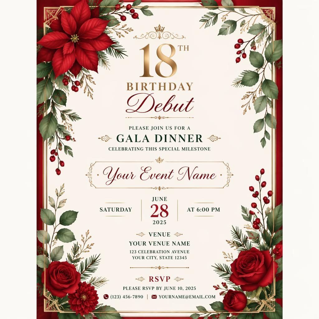 A5 portrait debut invitation card with botanical illustrations in red and green, elegant typography, and RSVP details.