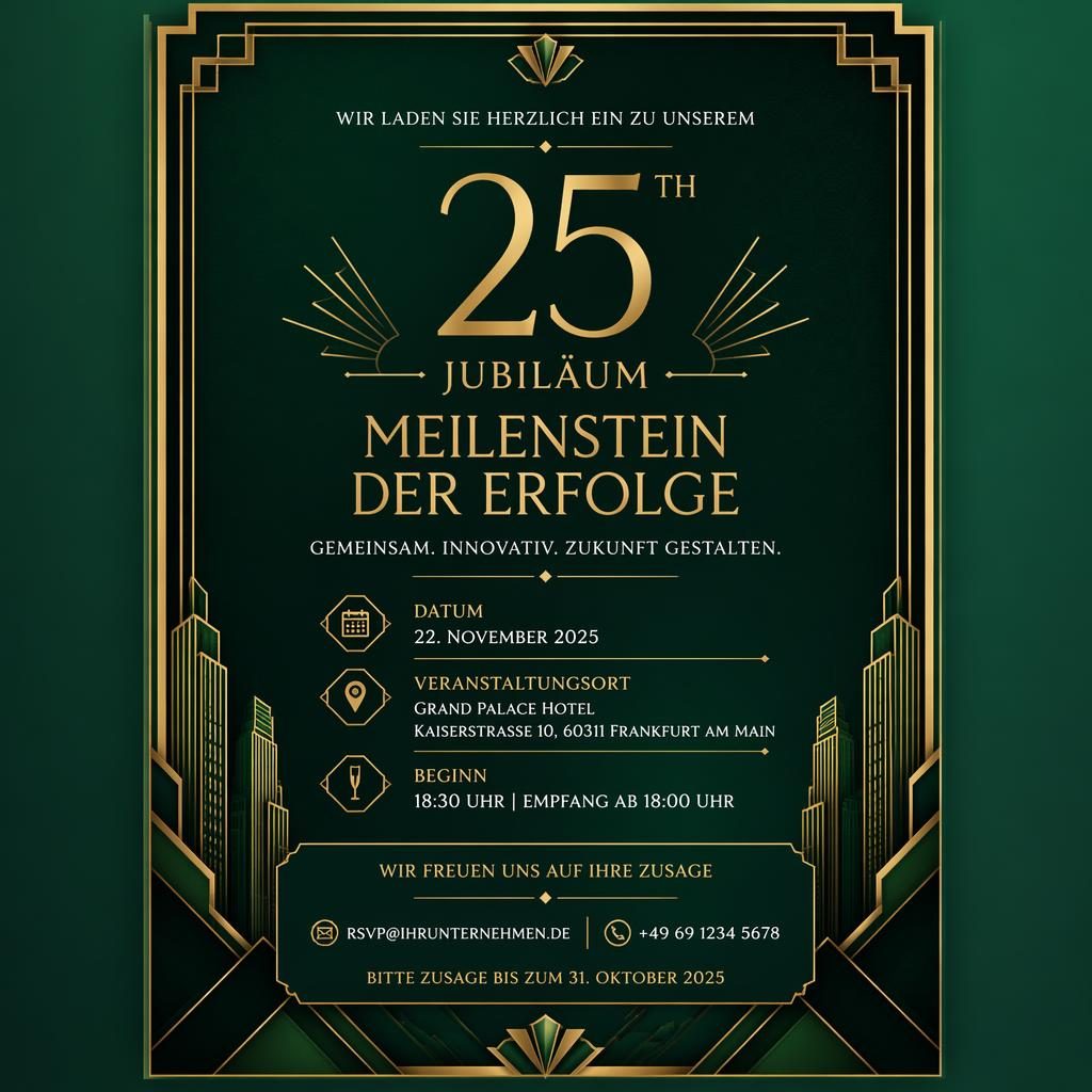 A5-Einladungskarte im Hochformat, luxuriöses Art-Déco-Design in Smaragd und Gold mit eleganter Typografie und Rahmen