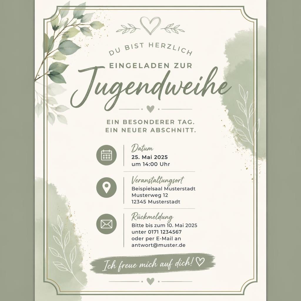 A5-Einladungskarte in Salbei und Elfenbein mit eleganter Typografie, Platzhaltern für Name, Datum, Ort und RSVP