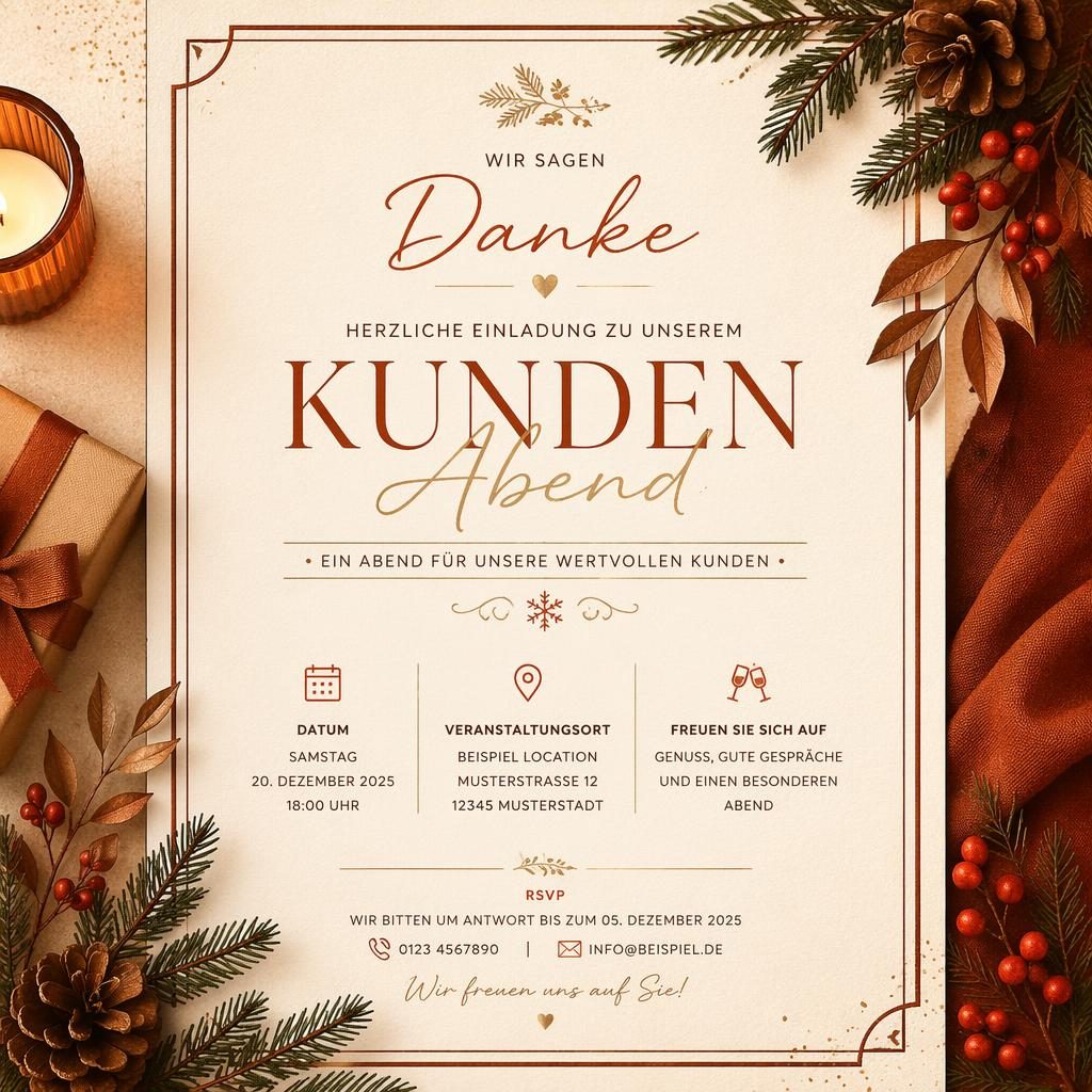 Festliche A5-Einladungskarte in warmen Erd- und Rosttönen mit eleganter Typografie für Eventname, Datum, Venue und RSVP.