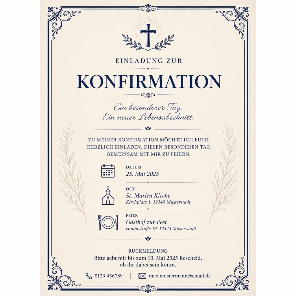 A5-Einladungskarte im Vintage-Stil in Creme und Navy mit eleganter Typografie für Eventname, Datum, Ort und RSVP.