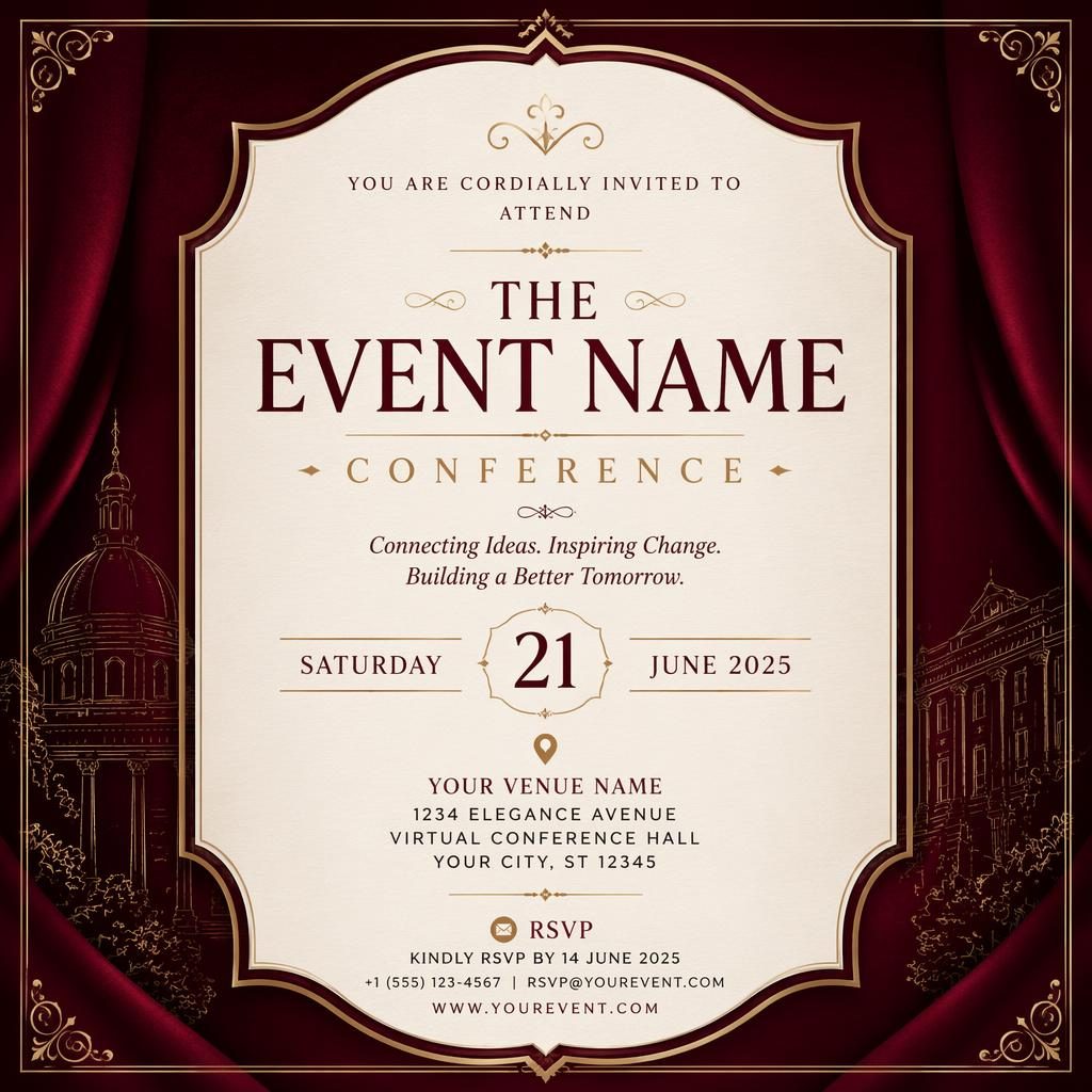 A5 portrait conference invitation card in burgundy and cream with elegant formal typography for event name, date, venue, and RSVP.
