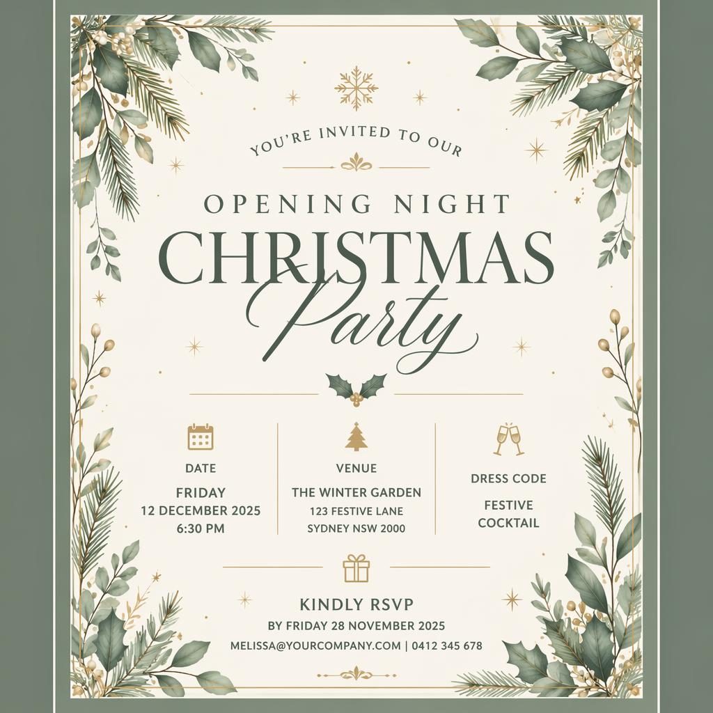 A5 portrait holiday event invitation card in sage and ivory with elegant typography for event name, date, venue, and RSVP.
