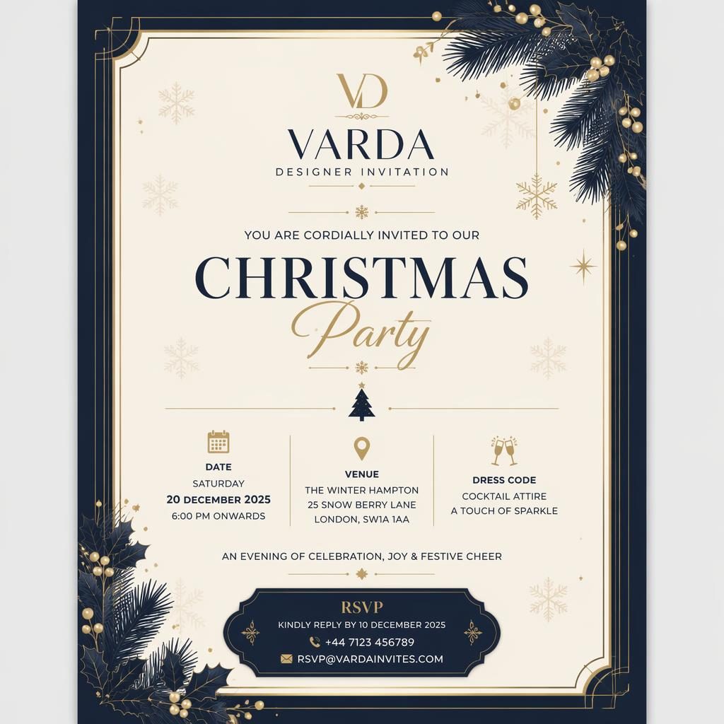 A5 portrait Christmas party invitation card in cream and navy with sleek tech styling and elegant readable placeholder details.