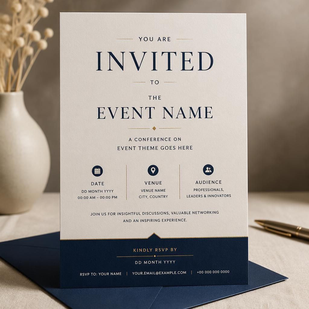 A5 staande zakelijke uitnodigingskaart in crème en navy met elegante typografie, eventdetails en papiertekstuur.