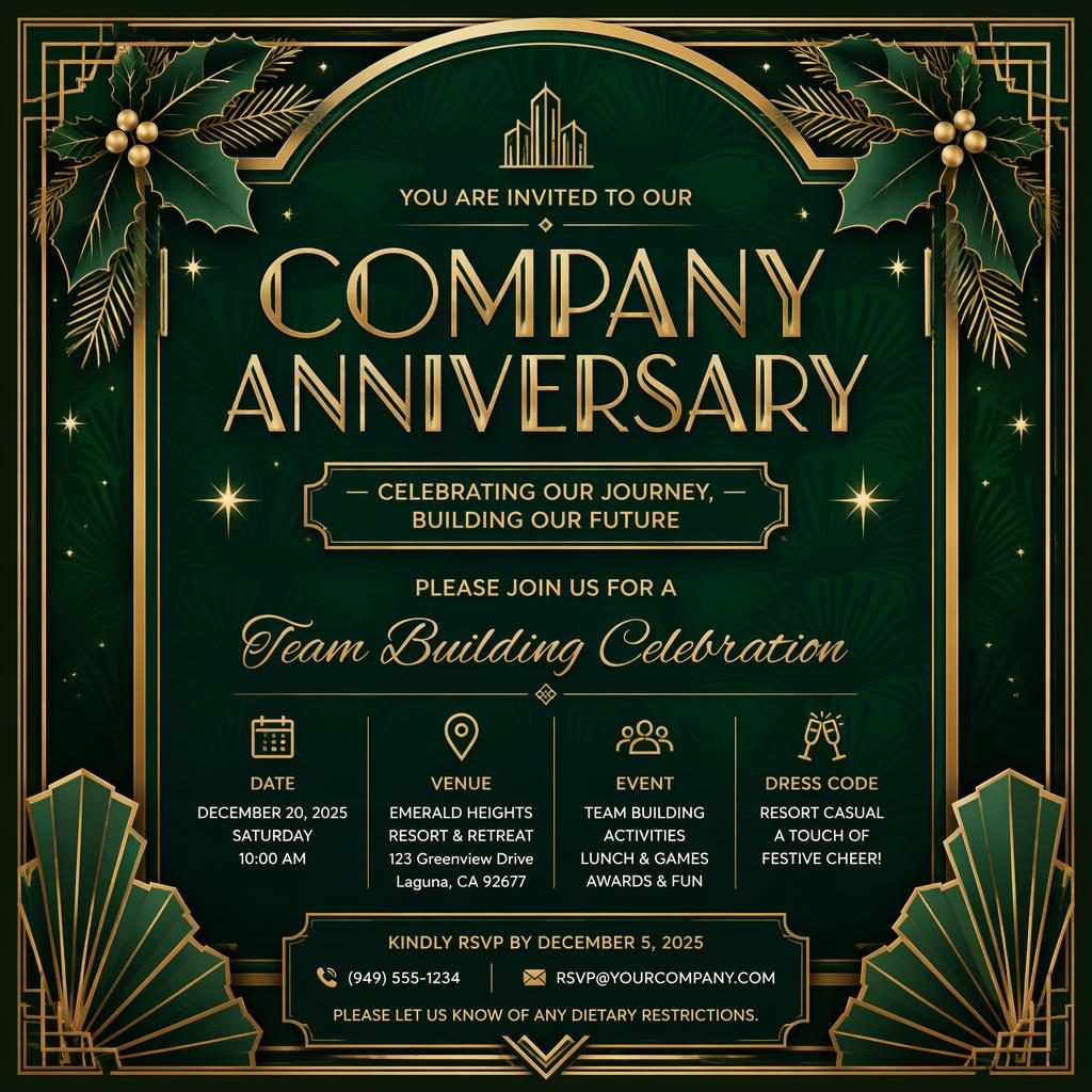 A5 portrait company anniversary invitation card with emerald and gold art deco design and elegant event details typography.