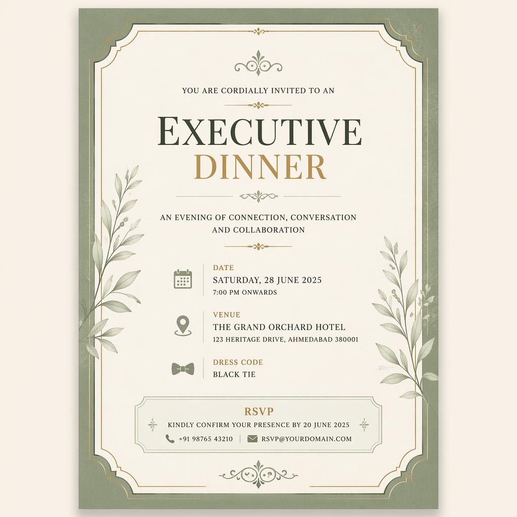 A5 portrait executive dinner invitation card in sage and ivory with elegant typography, formal framing, and RSVP details.