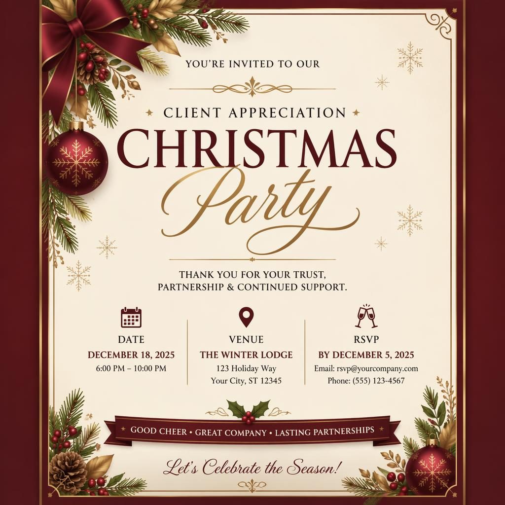 A5 portrait holiday event invitation card in burgundy and cream with elegant typography for event name, date, venue, and RSVP.