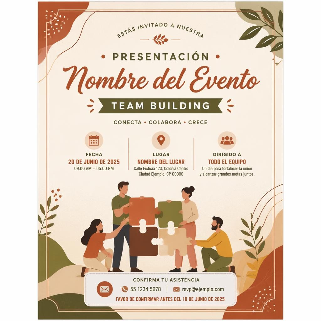 Tarjeta A5 vertical de invitación team building con tipografía elegante, marco sutil y paleta tierra cálida y óxido.