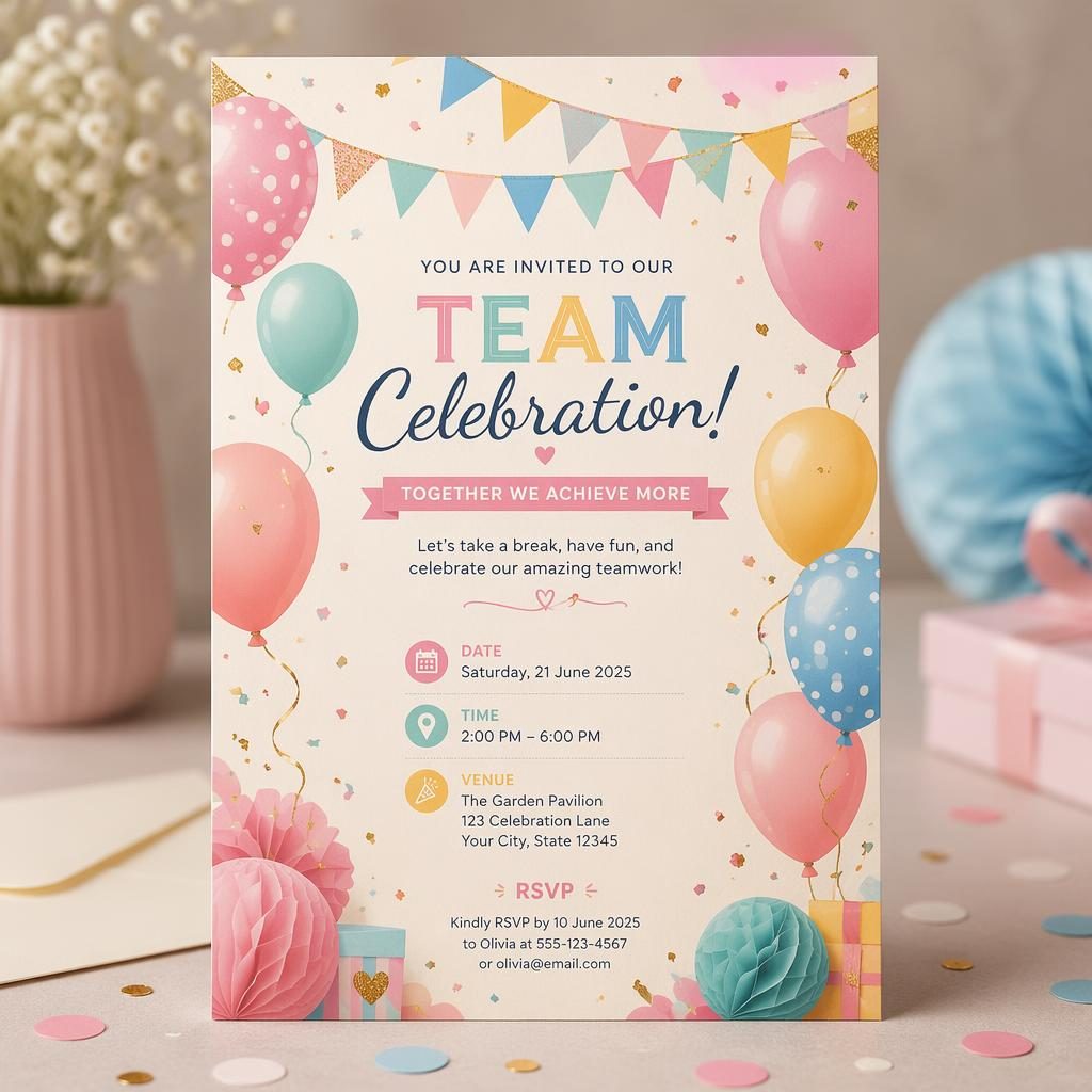 A5 staande uitnodigingskaart met ballonnen, confetti, slingers en pastelkleuren, als nette mockup voor team-building.