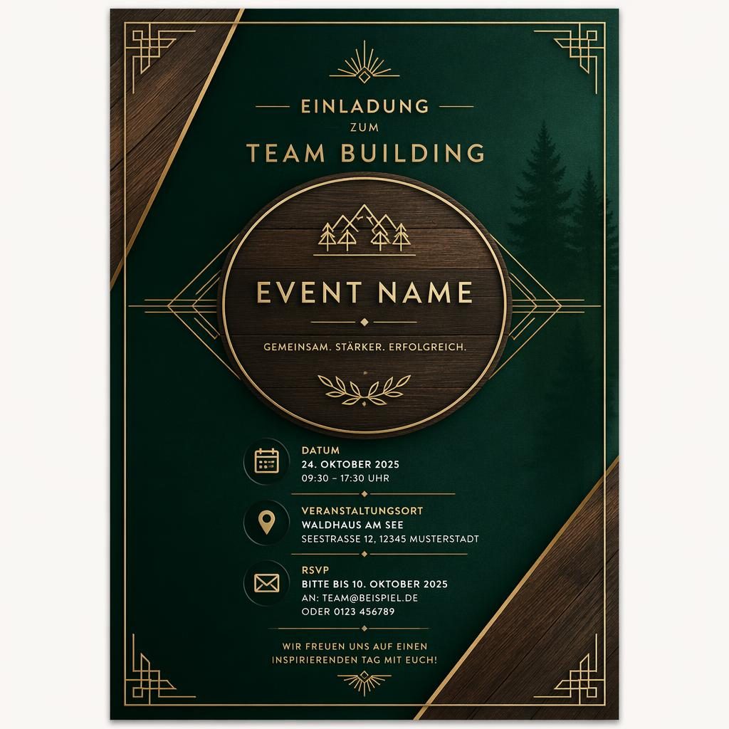 A5-Eventkarte im Holzdesign mit smaragd-grüner und goldener Art-Déco-Typografie, Platzhaltern für Datum, Ort und RSVP.