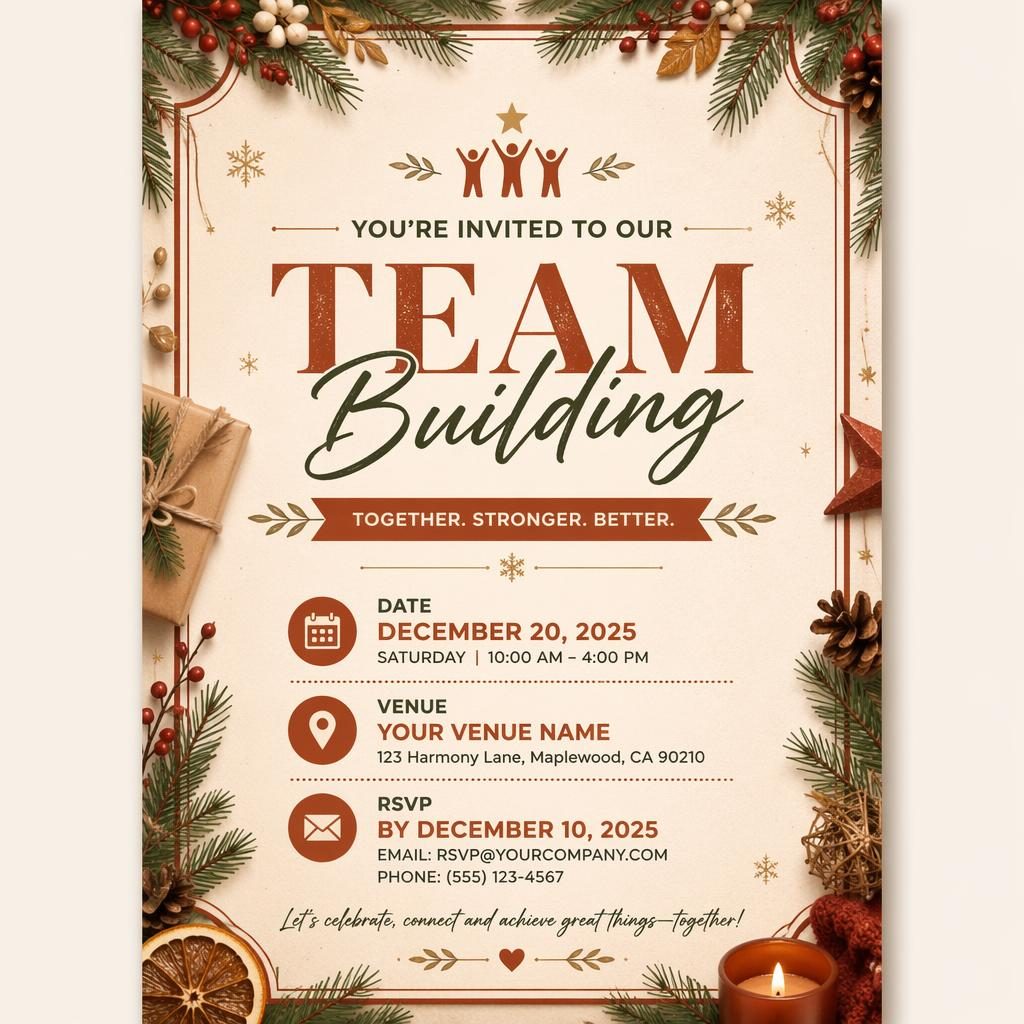 A5 portrait team building invitation card in warm earth and rust tones with elegant typography for event name, date, venue, and RSVP.