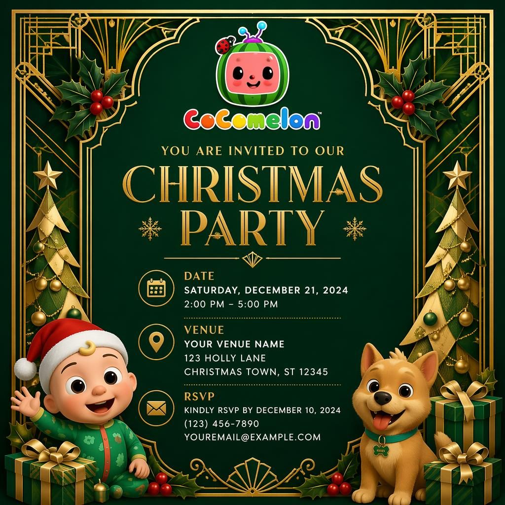 A5 portrait Christmas invitation card in emerald and gold art deco style with elegant placeholder event details.