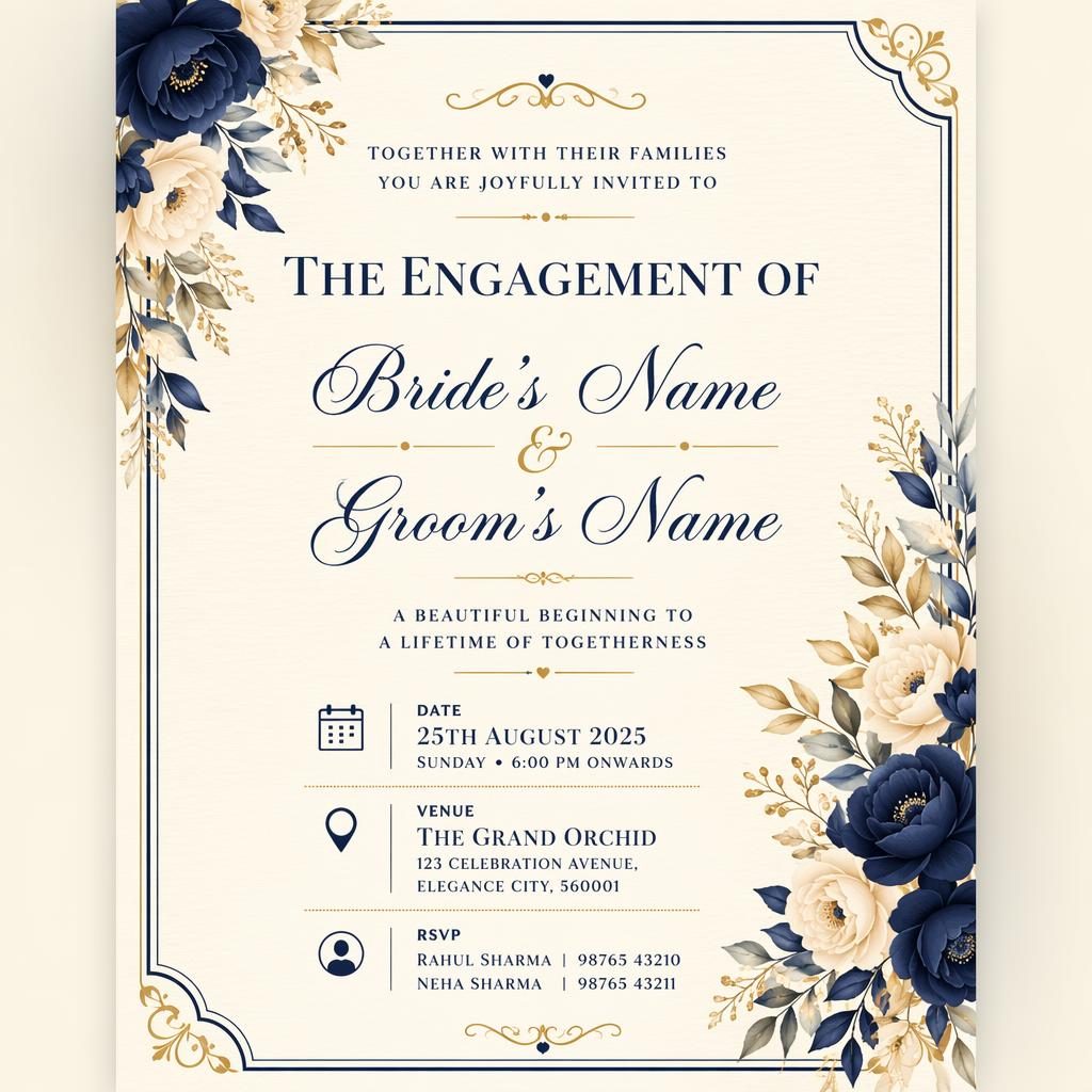 A5 portrait engagement invitation card in cream and navy with elegant typography for event name, date, venue, and RSVP.