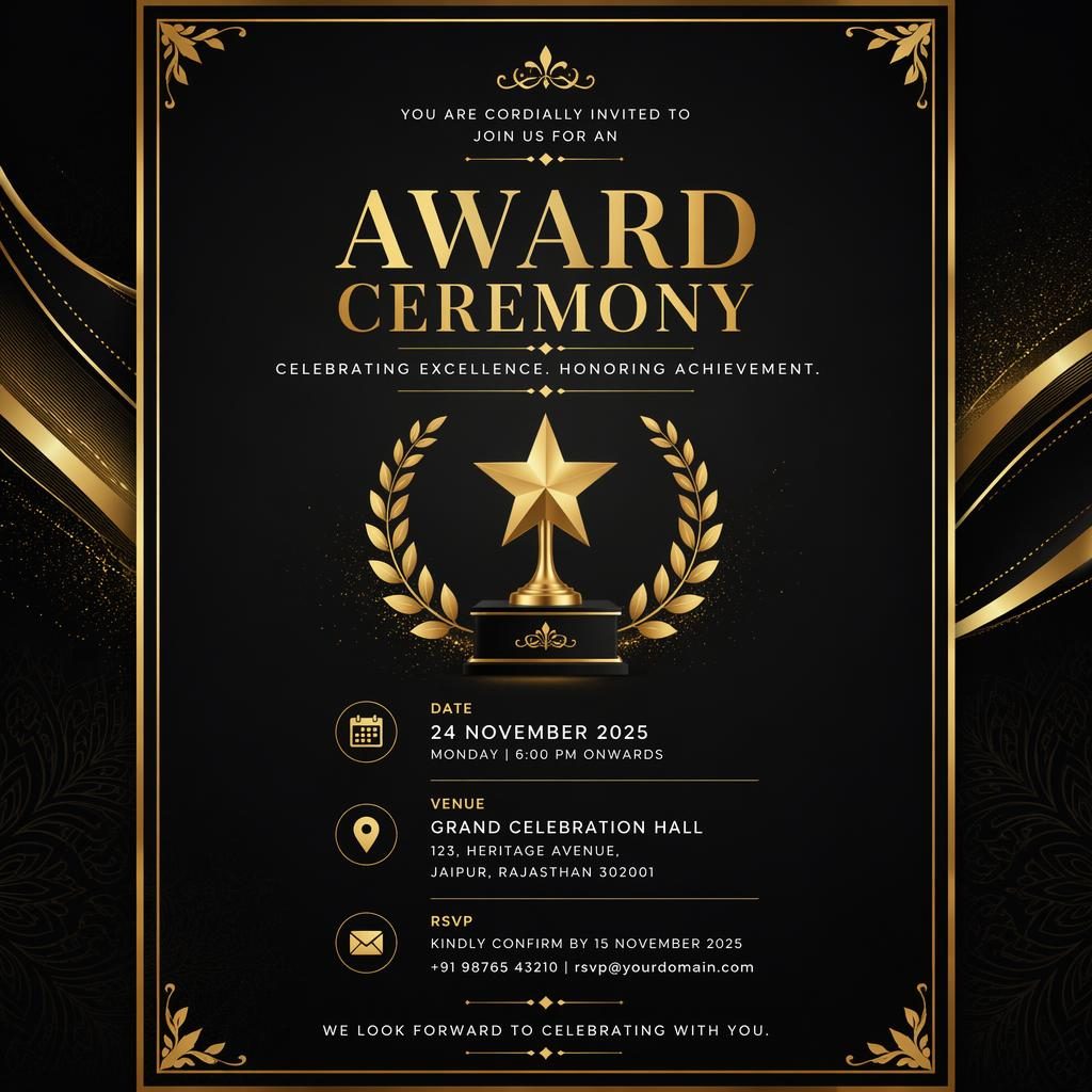 A5 portrait invitation card with a modern minimal black and gold layout, elegant typography, framed details and luxury styling.