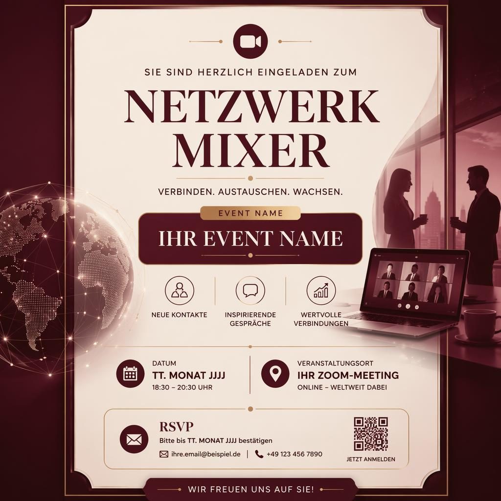A5 Event-Einladung im Hochformat in Bordeaux und Creme, mit eleganter Typografie für Name, Datum, Ort und RSVP.
