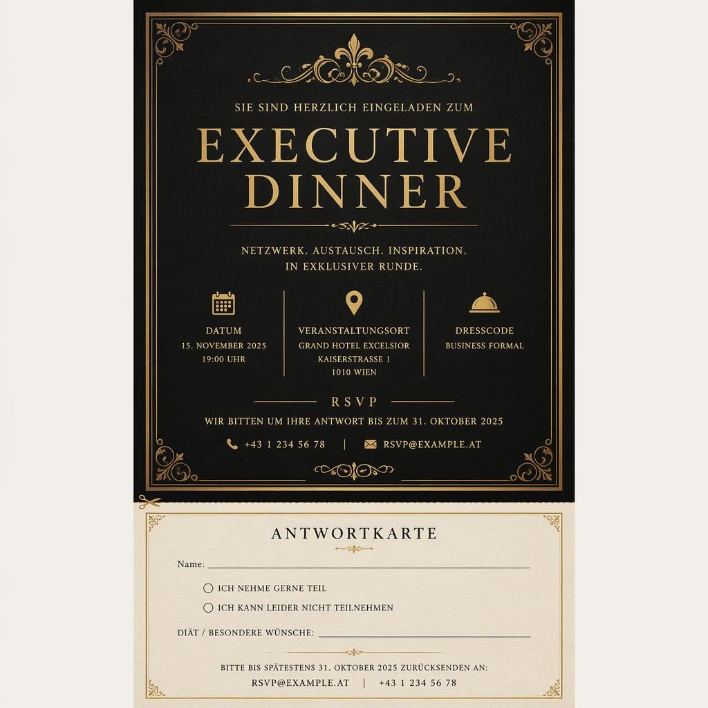 A5 Einladungskarte mit Antwortkarte im Vintage-Stil, schwarz-gold, elegante Typografie für Executive Dinner