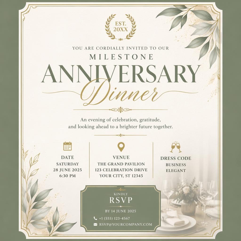 A5 portrait corporate dinner invitation card in sage and ivory with elegant typography for event name, date, venue, and RSVP.