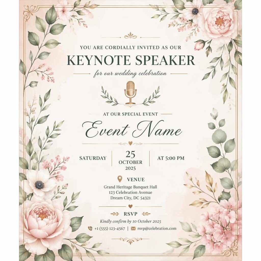 A5 portrait invitation card with botanical floral illustrations, pastel romantic colors, and elegant readable placeholder details.