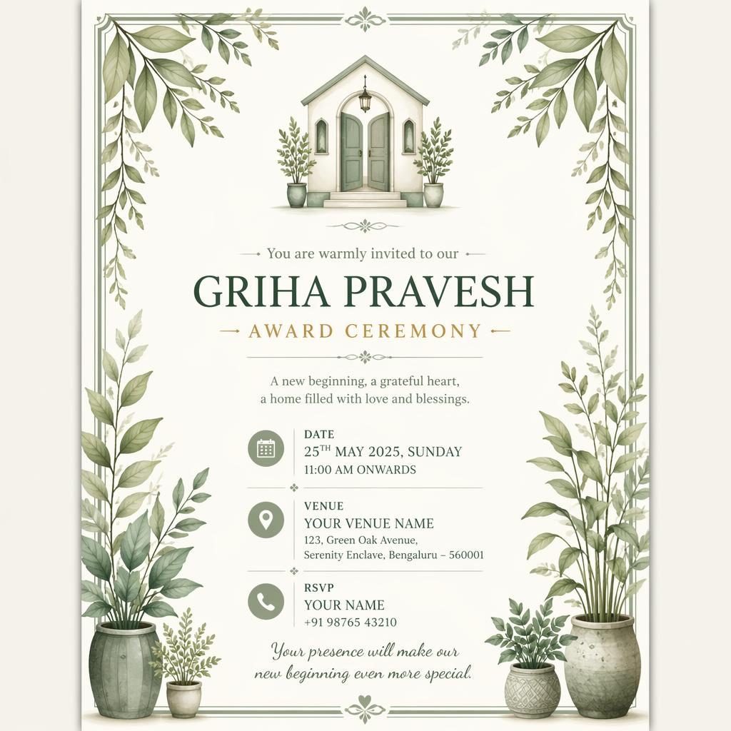 A5 portrait event invitation card with botanical illustrations in sage and ivory, elegant placeholder text, and framed layout.