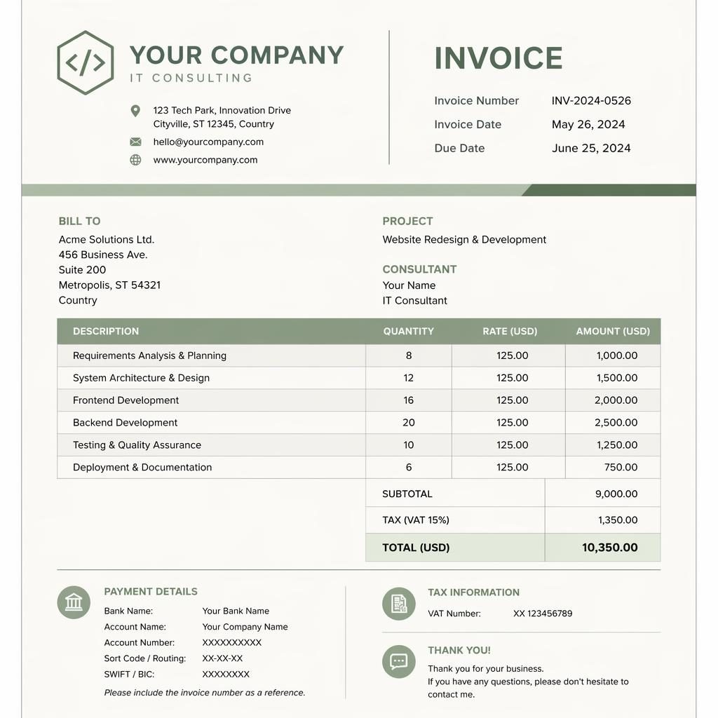 A4 portrait invoice template with sage and ivory design, header, itemized table, totals, and placeholder bank details.