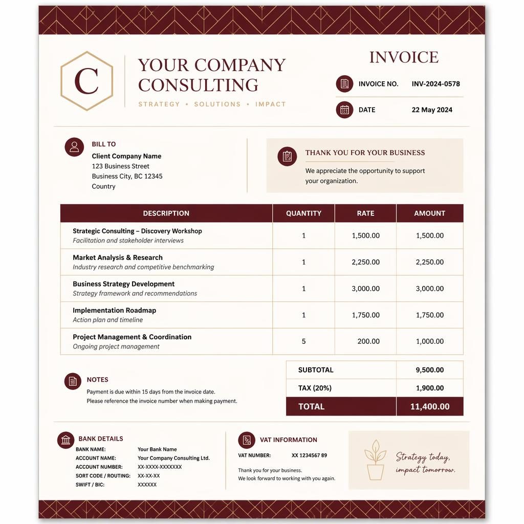 A4 portrait consulting invoice template in warm burgundy with header, itemized table, totals, and placeholder bank details.