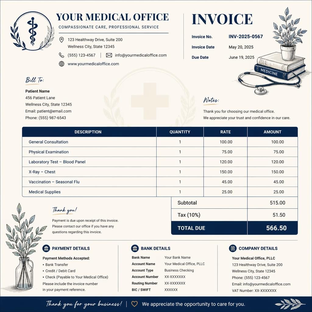 A4 portrait medical office invoice template with logo header, itemized table, totals, and placeholder bank details in navy and cream.