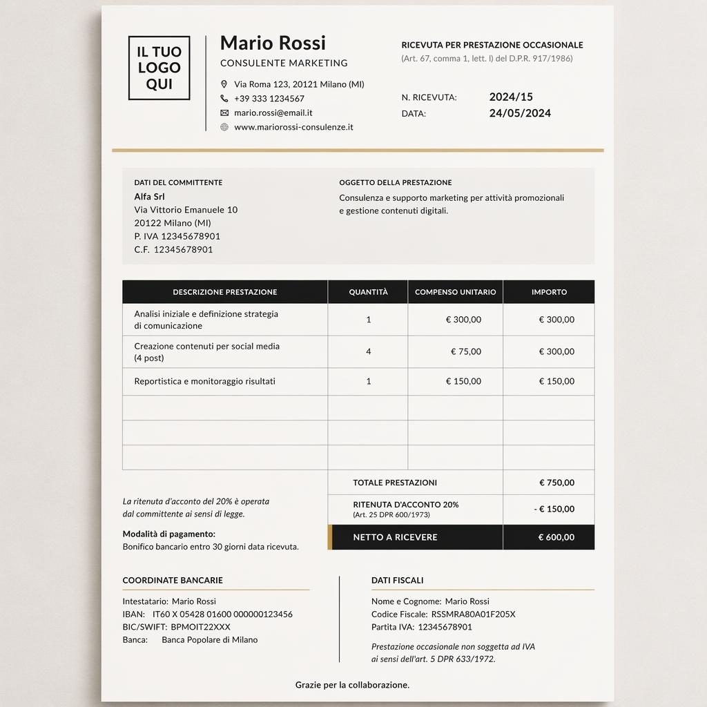 Documento A4 verticale realistico di prestazione occasionale con intestazione, tabella voci, totali e dati fiscali.