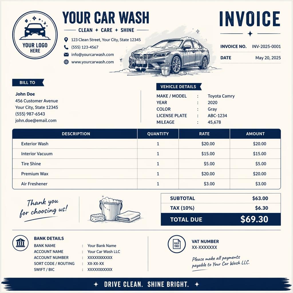 A4 portrait car wash invoice template with illustrated navy and cream header, item table, totals, and bank detail placeholders.