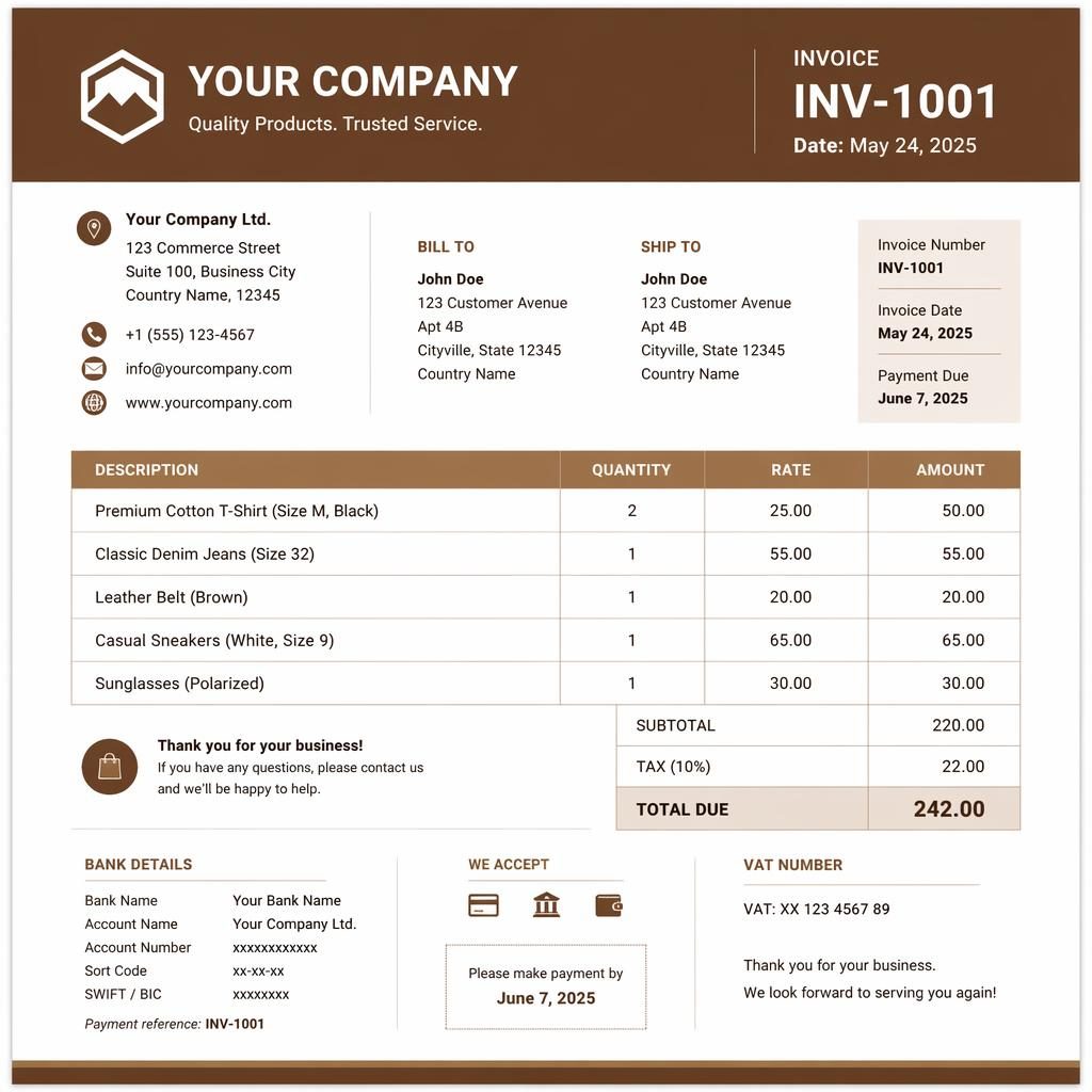 A4 portrait retail invoice template with warm earth header, itemized table, totals section, and placeholder bank details.