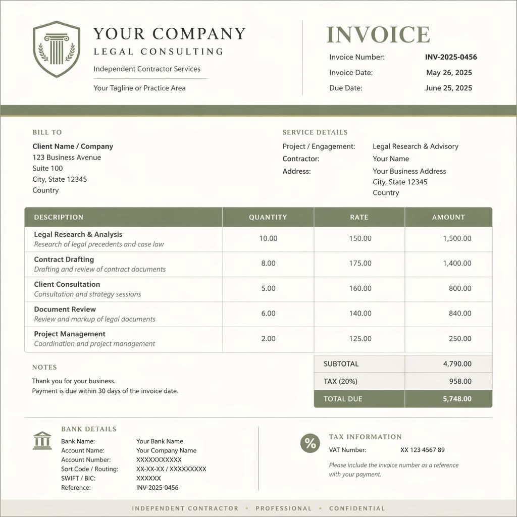 A4 portrait invoice template with sage and ivory accents, header, itemized table, totals, and placeholder bank details.
